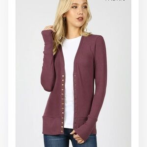 Zenana Women Classic V-Neck Snap Down Long Sleeve Ribbed Knit Cardigan Sz  L